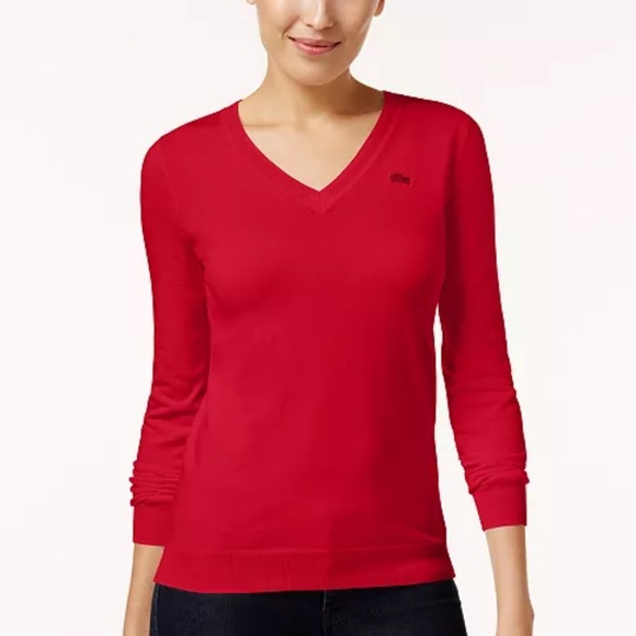 Lacoste Red V-Neck Cotton Sweater Ribbed Trim Size 8 - Picture 1 of 13